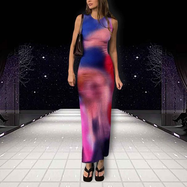 Women's Clothing New Fashion Digital Printing Slit Round Neck Hip Wrapped Slim Sleeveless Dress_ecoleips.com