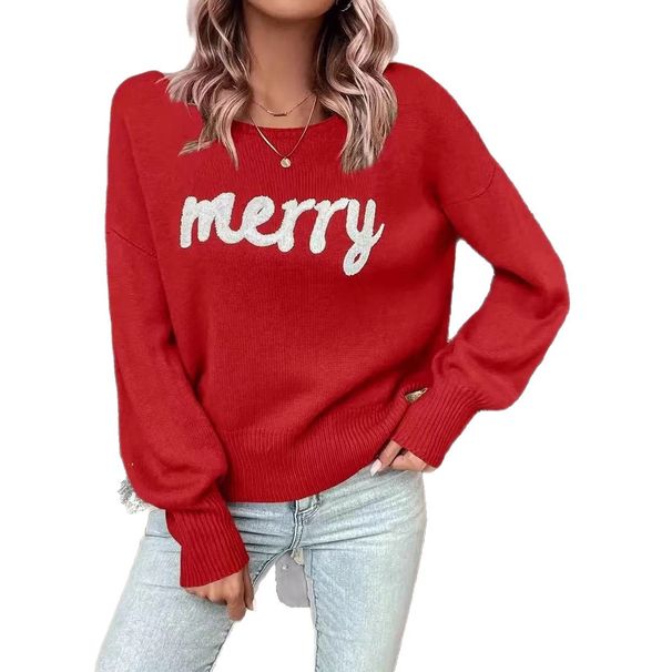 girl European And American Cross-Border Christmas 2025 New Style Letter Knitted Sweater Women's Round Neck Long Sleeve_ecoleips.com
