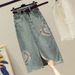 Women's Retro Outfit - Embroidered Denim Skirt With Print Blouse, Vintage Oriental Two-Piece Set Cultural Fusion_ecoleips.com