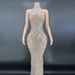 Women's Clothing Sexy Shiny Rhinestone Silver Dress Plus Size Women's Evening Dress Halter Neck Long Dress Sleeveless_ecoleips.com