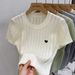 Women's Clothing Round Neck Heart Shaped Embroidery Hollow Knitted Niche Short Sleeved T Shirt Half Sleeved Top_ecoleips.com