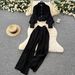 Elegant Vintage Lace Trimmed Lantern Sleeve Blouse + High-Waisted Wide-Leg Pants Set - Romantic & Office Chic_ecoleips.com