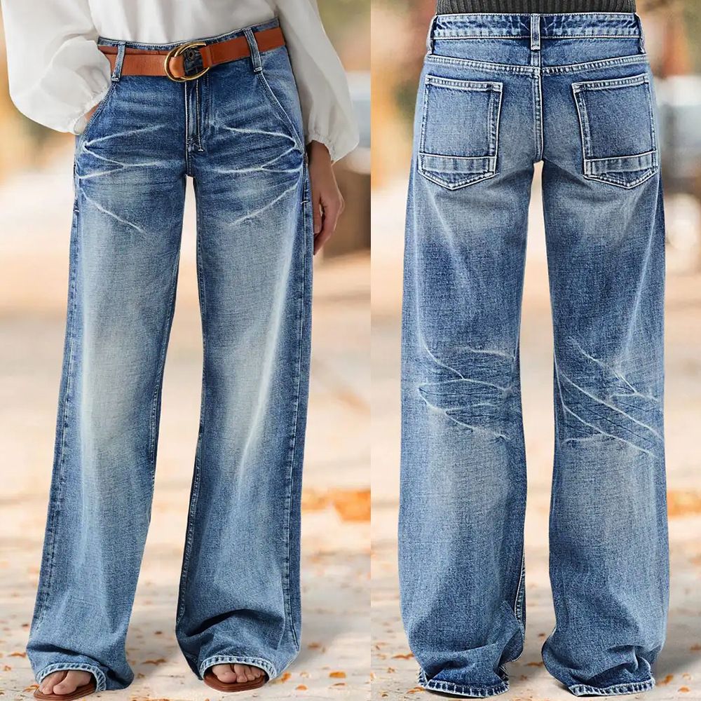 Women's Clothing High-Waisted Wide-Leg Jeans Women's Clothing Retro Washed Distressed Loose Straight Leg Floor-Length Pants Spring Summer_ecoleips.com