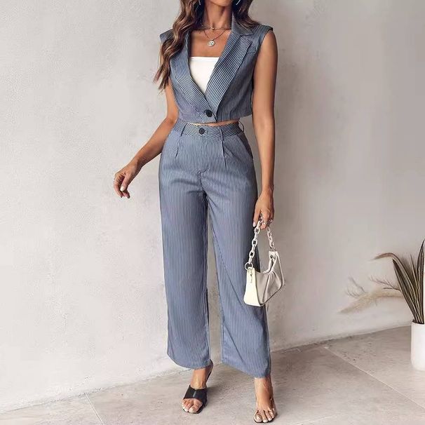 Women's Striped Wide Shoulder Sleeveless Lapel Commuter Jacket And Straight Leg Pants 2 Piece Set European American Style_ecoleips.com