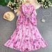 Women's French Style Romantic Floral Print Dress Round Neck Long Sleeved Summer Style Ruffled Waist Slimming Full Skirt_ecoleips.com