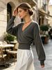 Dark Grey Deep V Wrap Pit Rib Knit Sweater, Loose Lightweight Breathable Soft Skin-touch Long Sleeve Slim Waist Pullover_ecoleips.com