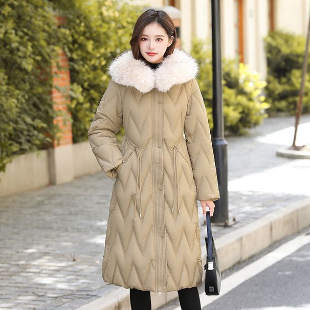 Women's Long Puffer Jacket With Faux Fur Trim Hood Winter Warm Coat Slim Fit Windproof Outerwear (Black/Beige/Brown/Khaki)_ecoleips.com
