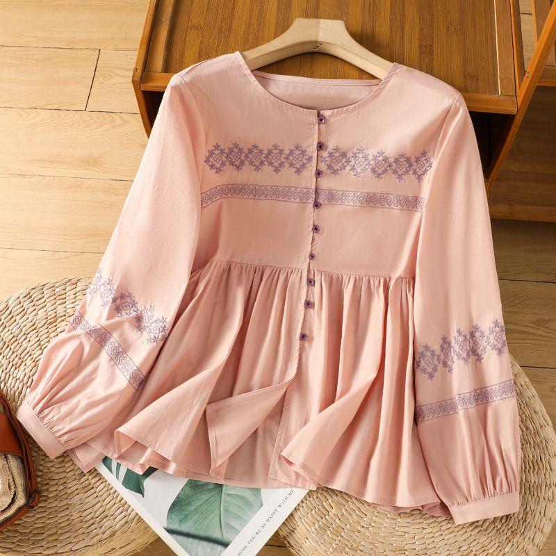 Women's Retro Shirt Round Neck Pullover With Lantern Sleeves Artistic Reducing Temperament Casual Elegant Fashion Blouse For Spring/Autumn Summer_ecoleips.com