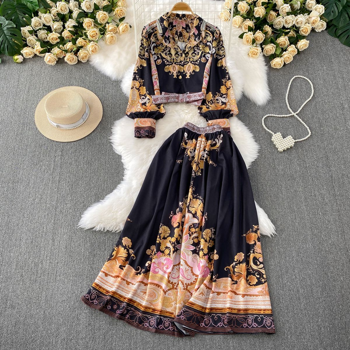 Women's Clothing New Fashion Casual Printed Suit Collar Long Sleeved Shirt + High Waist Slim Swing Skirt Two Pieces_ecoleips.com