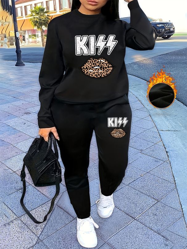 Women's Autumn And Winter Hip-hop Casual Street Leopard Print Lip Print Letter Pattern Print Round Neck Sports Shirt+sports Pants Warm Set-637_ecoleips.com