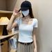 Square Neck Short-sleeved Shirt Women's Spring And Summer Low Neck Slim-fitting And Thin Collarbone Bottoming Shirt_ecoleips.com