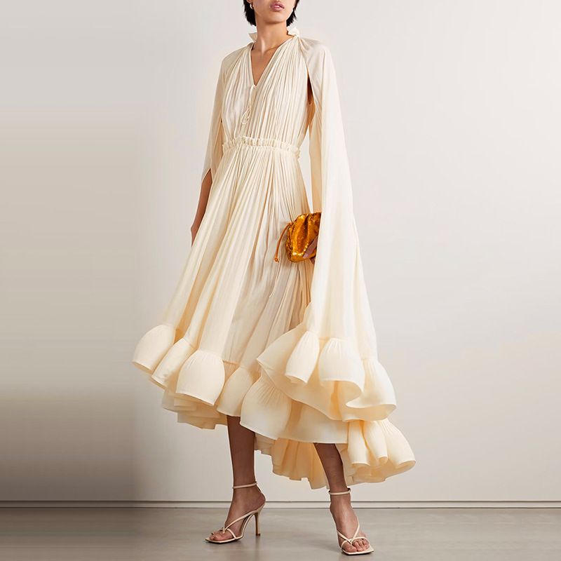 Women's Clothing Luxury Cape Style Long Skirt New Sexy Fashion V Neck Ruffled Temperament Dress Dress_ecoleips.com