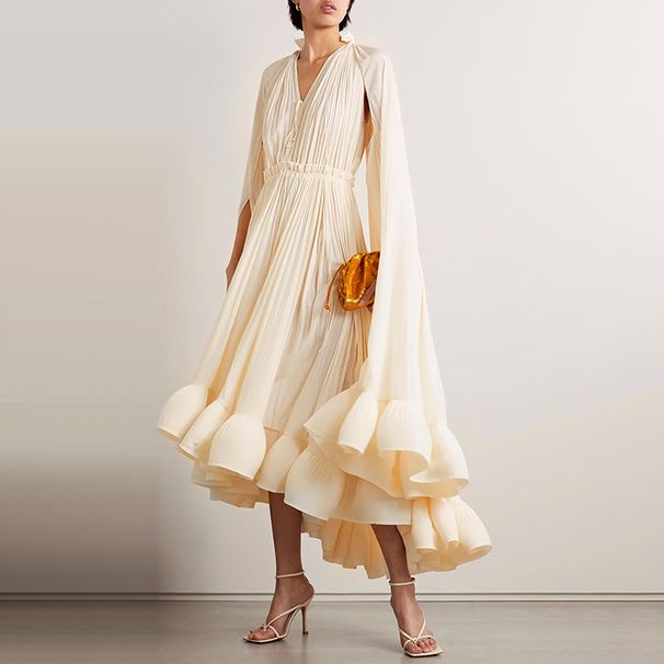 Women's Clothing Luxury Cape Style Long Skirt New Sexy Fashion V Neck Ruffled Temperament Dress Dress_ecoleips.com