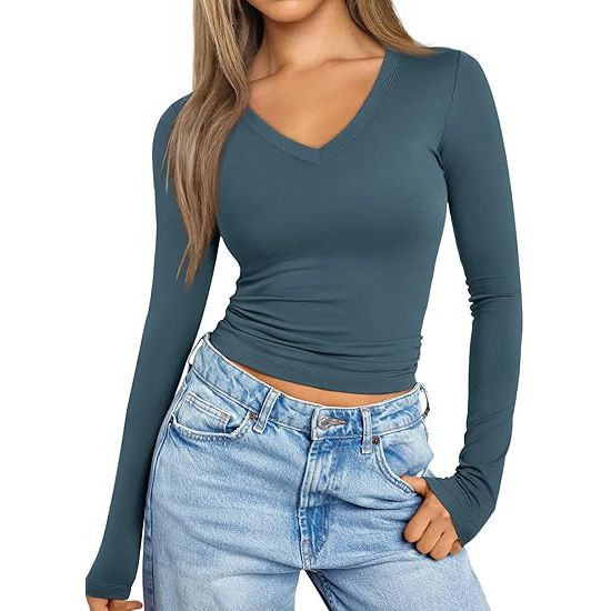 Women's Clothing Slim-Fit V-Neck Milk Silk Long Sleeve Top – Stretchy Layering Essential (XS-XXXL)_ecoleips.com