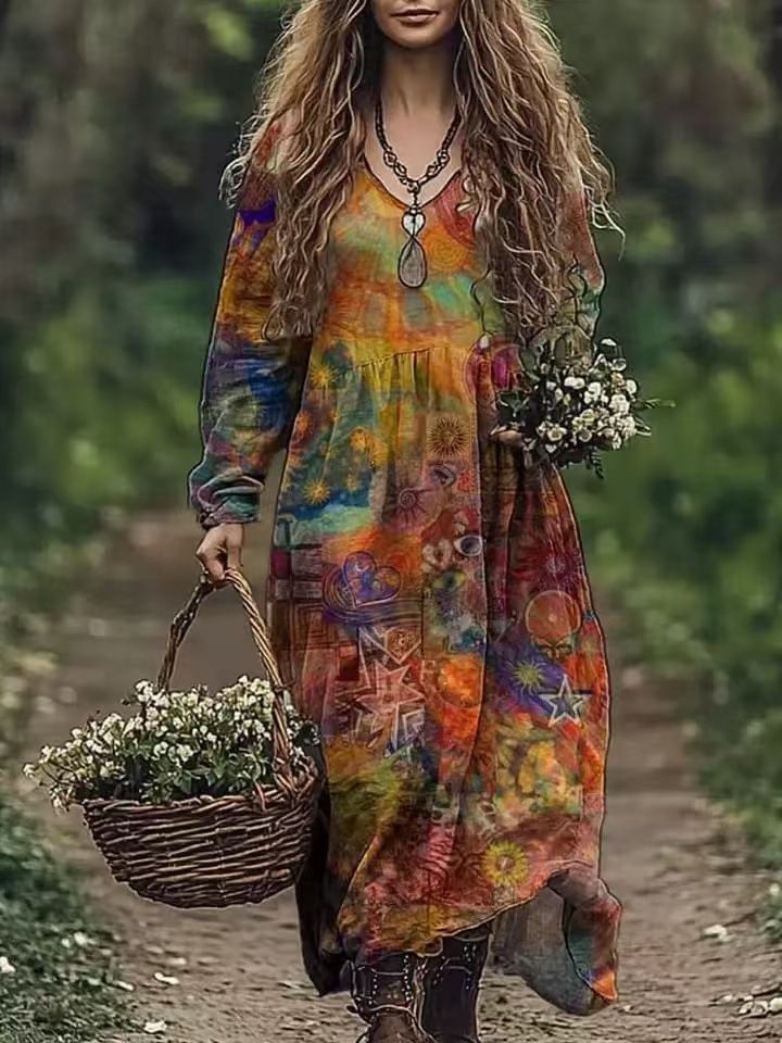 3D Printed Long-Sleeved V-Neck Dress For Women In Spring And Autumn_ecoleips.com