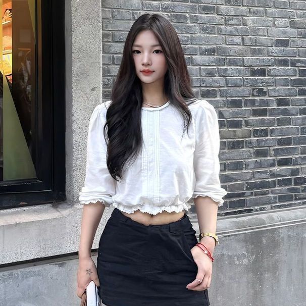 French-style Elegant Three-quarter Sleeve Shirt For Women, New Autumn Collection, Delicate Lace, Unique White Short Top_ecoleips.com