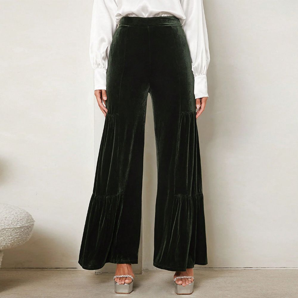 Voya Women's Fashion European American Autumn And Winter Velvet Wide-leg With Ruffles, High-waisted, Straight, Slimming And Elegant Long Pants_ecoleips.com