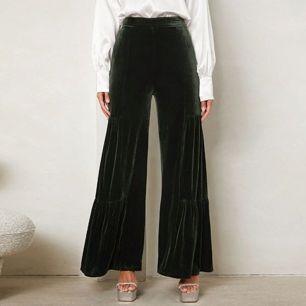 Voya Women's Fashion European American Autumn And Winter Velvet Wide-leg With Ruffles, High-waisted, Straight, Slimming And Elegant Long Pants_ecoleips.com