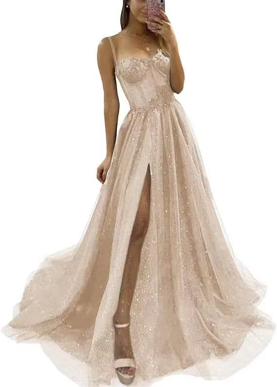 Suspender Evening Dress Cross Border New Style Birthday Party Little Sister Party Evening Dress High Waist Slim Side Slit Dress_ecoleips.com
