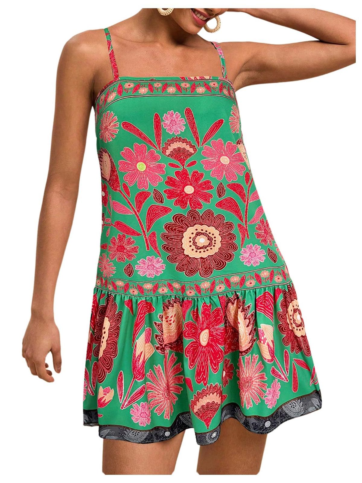 Women's Bohemian Style Printed Flowy Dress Casual Loose Fit European American Fashion Suspender Dress For Vacation Wear_ecoleips.com