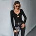 Voya Popular Women's Sexy Hollow Out Slim Knit Long Sleeved T-shirt With V-neck Temperament And Versatile Top_ecoleips.com