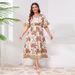 Women’s Clothing Large Size V Neck Dress Trumpet Sleeve Fashion Print Elastic Waist Long Dress_ecoleips.com