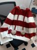 Striped Hooded Sweater – Oversized Pullover Knit With Contrast Trim (One Size, Red/Gray, Cozy Arctic Fleece Blend For Winter, Korean Lazy Style)_ecoleips.com