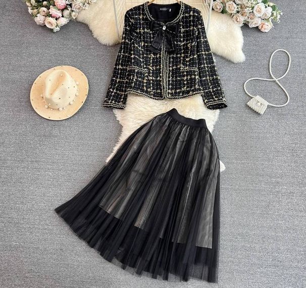 Women's Clothing Tweed Two-Piece Set - Single-Breasted Jacket & High-Waisted A-Line Skirt (Black, S-XXL)_ecoleips.com