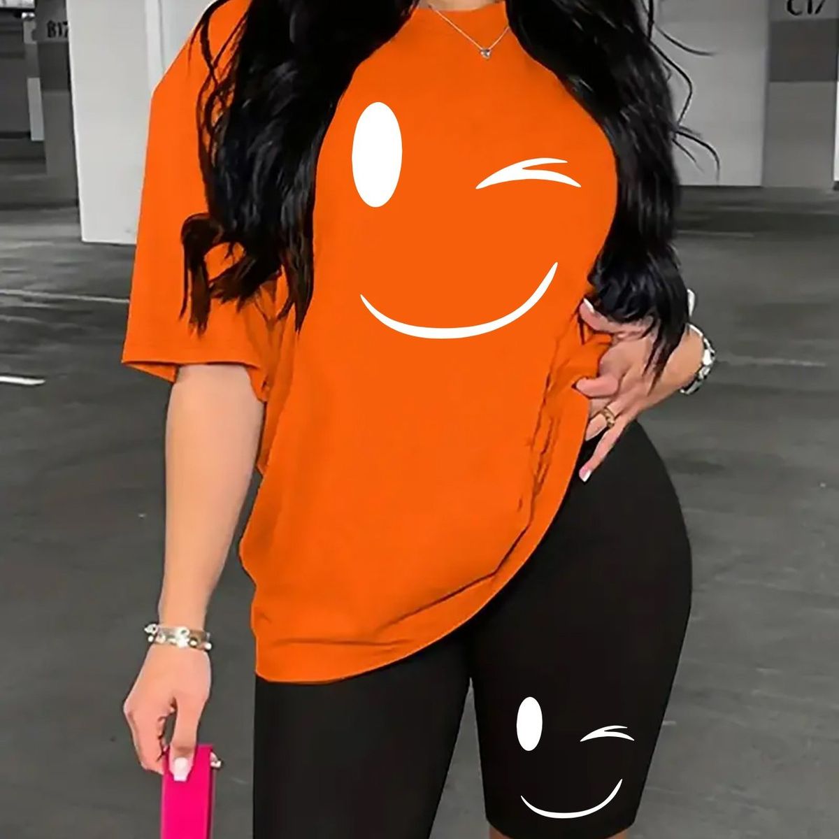 Summer Women's Casual And Fashionable Smiling Face Printed Loose T-shirt+shorts Two-piece Sportswear Suitable For Daily Wear-112_ecoleips.com