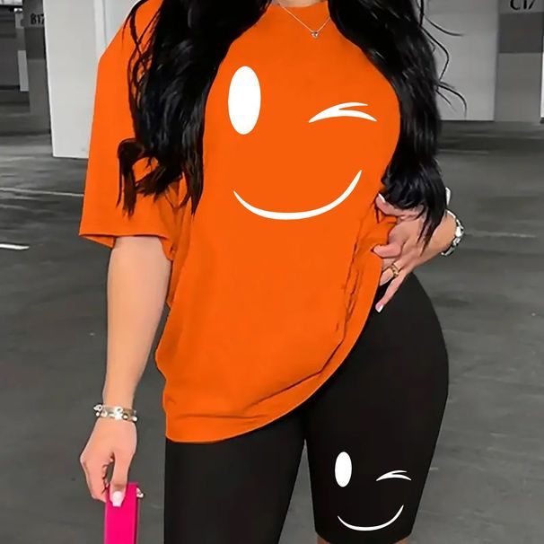 Summer Women's Casual And Fashionable Smiling Face Printed Loose T-shirt+shorts Two-piece Sportswear Suitable For Daily Wear-112_ecoleips.com