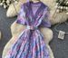 French Style Floral Print Long Dress Summer V Neck Waist Cinching A Line Skirt Slimming Elegant Women's Dress_ecoleips.com