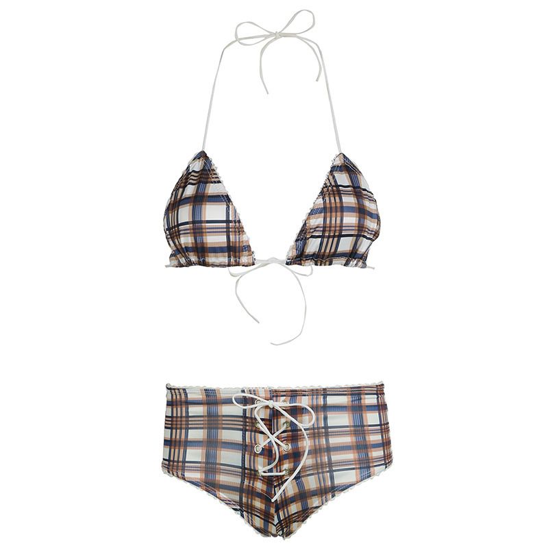 Women's Summer Lace Plaid Bikini Set Halter Neck Bra & Low Waisted Drawstring Shorts Beach Vacation Style Regular Fit_ecoleips.com