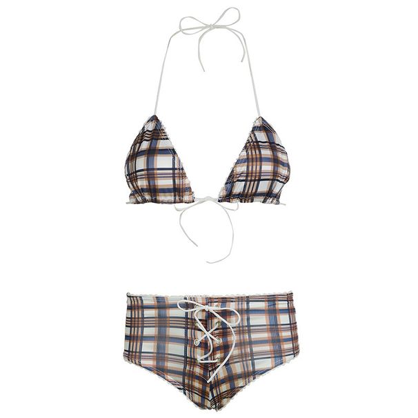Women's Summer Lace Plaid Bikini Set Halter Neck Bra & Low Waisted Drawstring Shorts Beach Vacation Style Regular Fit_ecoleips.com