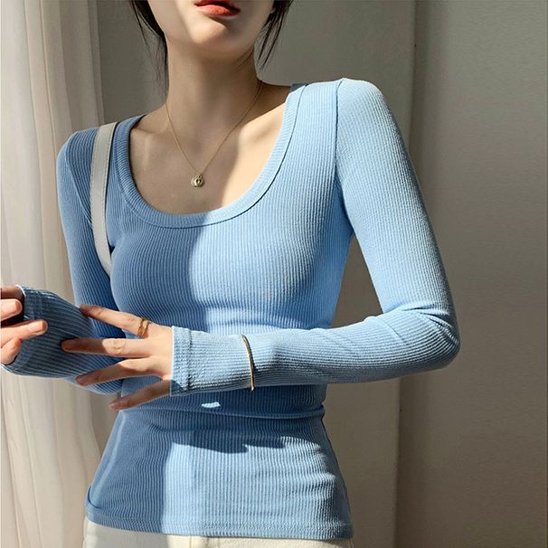 2025 High Elasticity Cotton U-Neck Base Shirt Women's Long Sleeved T-Shirt 2025 Autumn And Winter New Round Neck Sexy Slim_ecoleips.com