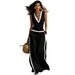 Women's Casual V Neck Color Block Cotton Linen Top with Wide Leg Pants Set Independent Store New Arrivals Summer Wear_ecoleips.com
