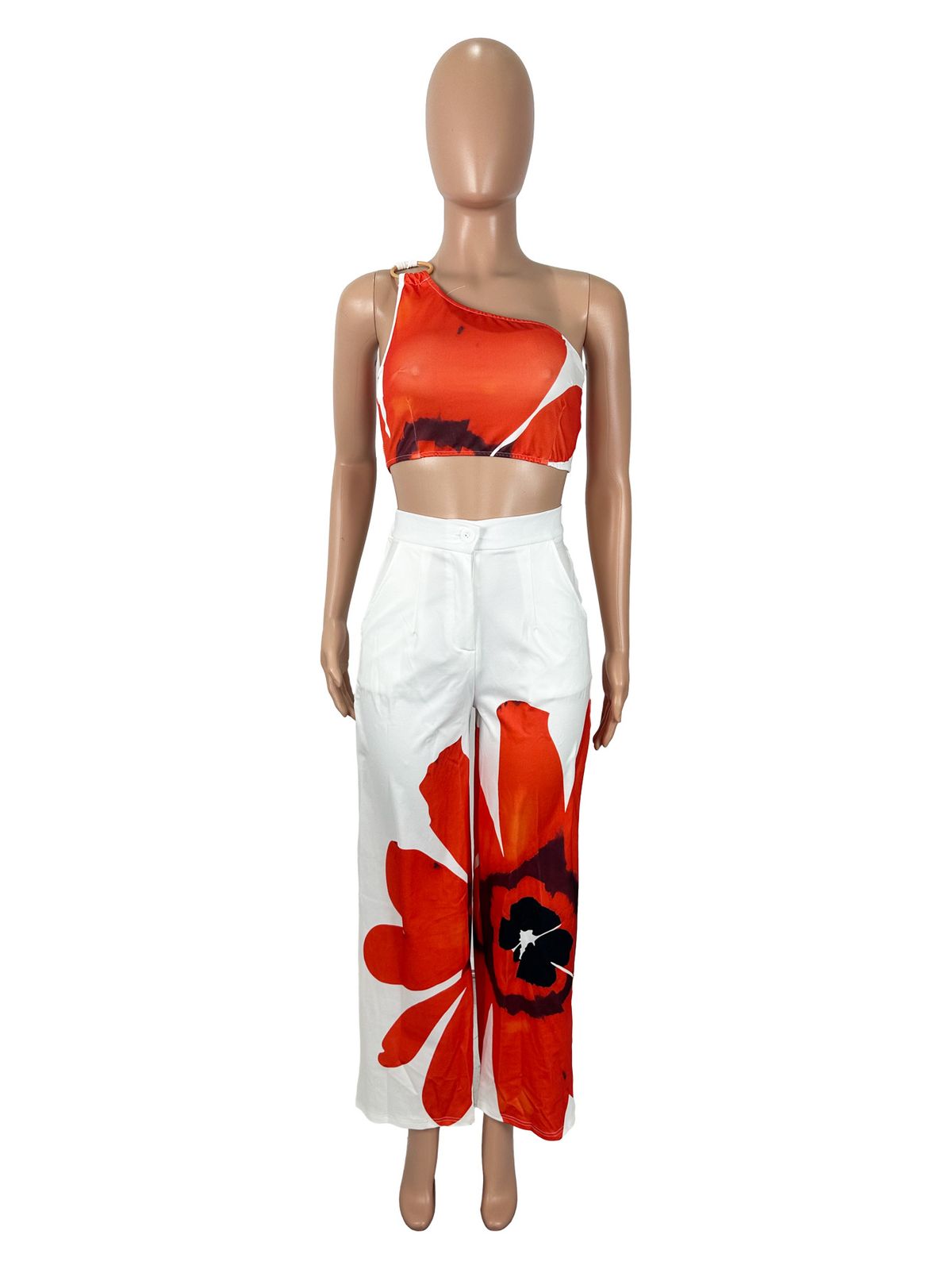 K Fashionable And Sexy Flower Print Single Shoulder Slim Fit Wide Leg Pants Two-piece Set_ecoleips.com