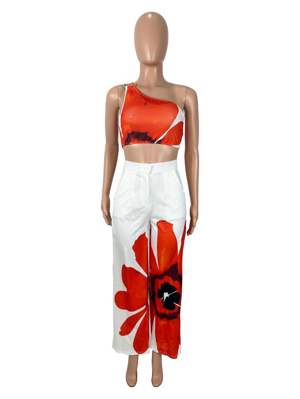K Fashionable And Sexy Flower Print Single Shoulder Slim Fit Wide Leg Pants Two-piece Set_ecoleips.com