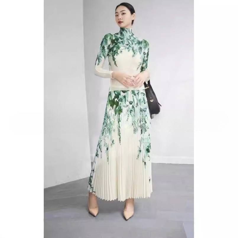Women's Clothing Miyaki Dress Miyaki Pleated Temperament Fashion Print Long Sleeved Top + Pleated Skirt Two Piece Set_ecoleips.com