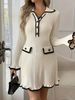 Elegant Knit Dress With Notched Collar & Flounce Hem – Slim Fit Long Sleeve Tunic For Women_ecoleips.com