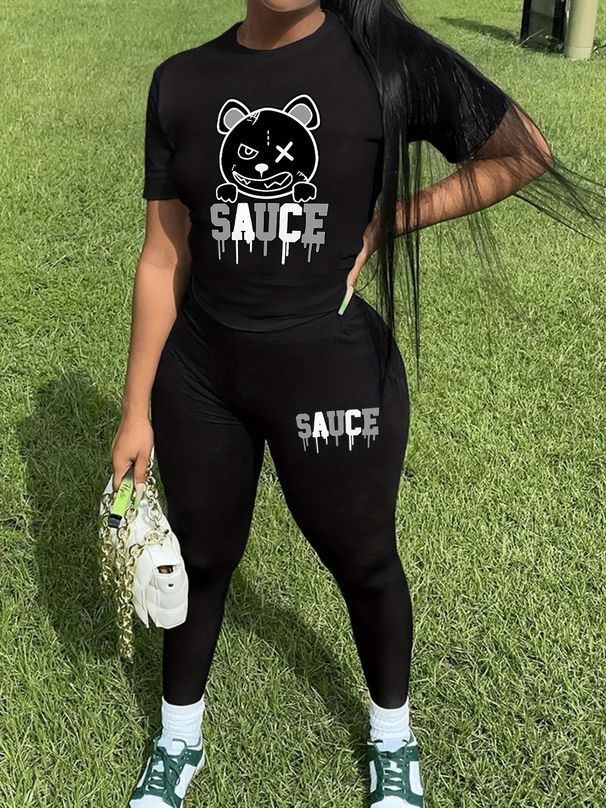 Women's Casual Loose And Fashionable Cartoon Pattern Printed Loose T-shirt+cropped Pants Two-piece Set Home Sportswear Daily Wear-272_ecoleips.com