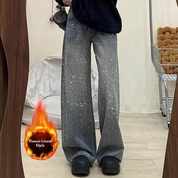 Women’S High-Waisted Flared Jeans – Winter Fleece-Lined Wide-Leg Denim Pants With Rhinestone Embellishments (S-2xl, Non-Stretch Cotton, Deep Blue)_ecoleips.com
