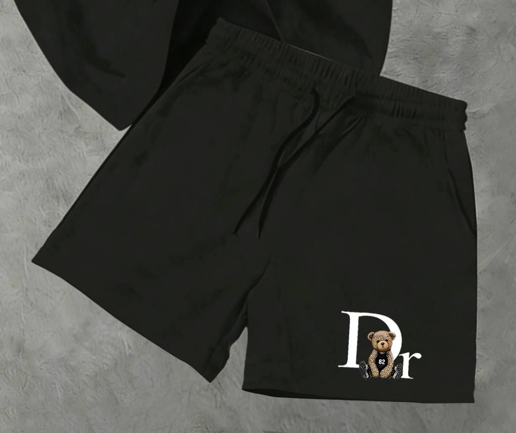 Men's Clothing And Women's Summer DR Bear Beaded Short Sleeve T-Shirt Set High Waist Split Skirt Casual Stylish Polyester Clothing Black Micro-Elastic_ecoleips.com