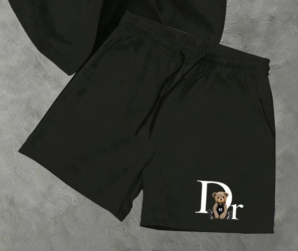 Men's Clothing And Women's Summer DR Bear Beaded Short Sleeve T-Shirt Set High Waist Split Skirt Casual Stylish Polyester Clothing Black Micro-Elastic_ecoleips.com