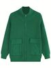 Plus Size Stand Collar Zip-Up Knit Cardigan, Green Sweater Coat With Pockets_ecoleips.com