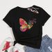 Black Casual T-Shirt for Women Simple round Neck Short Sleeve Butterfly Print European American Fast Fashion Export Top Cotton Polyester_ecoleips.com