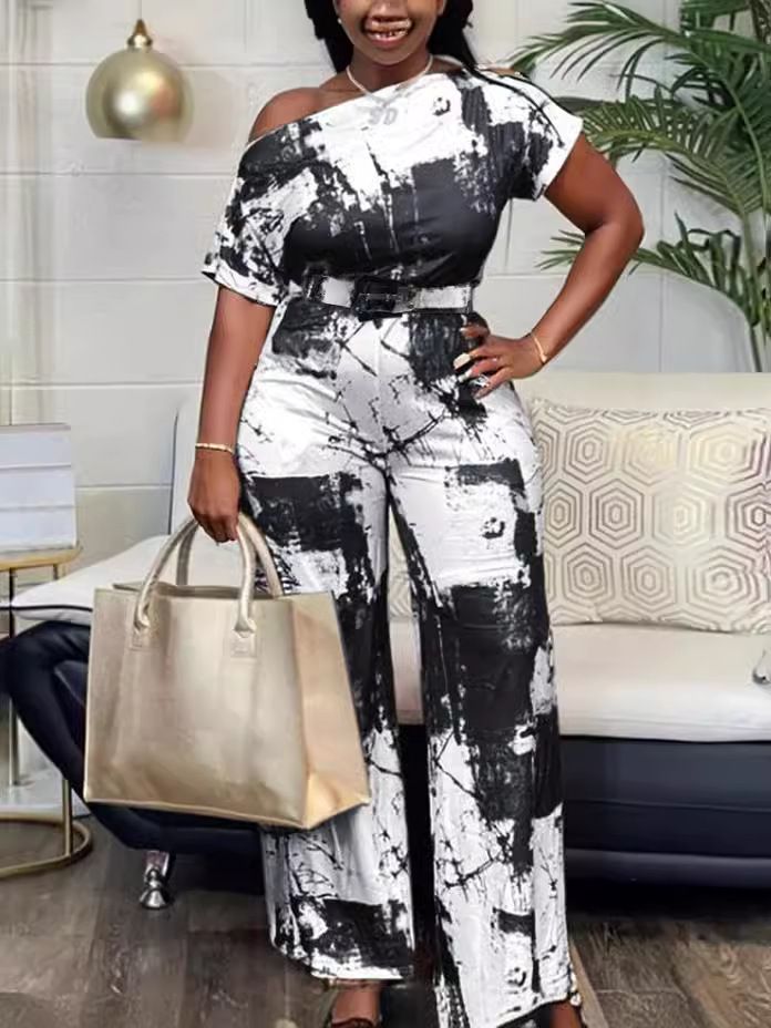 Summer Printed Polyester Women's Jumpsuit Straight Leg Pants Thin Fashion Loose Fit_ecoleips.com