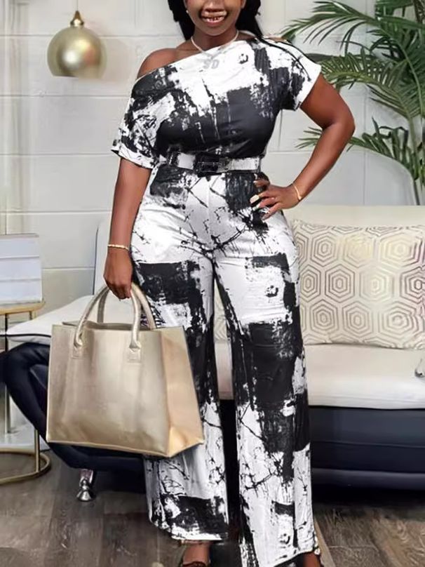 Summer Printed Polyester Women's Jumpsuit Straight Leg Pants Thin Fashion Loose Fit_ecoleips.com