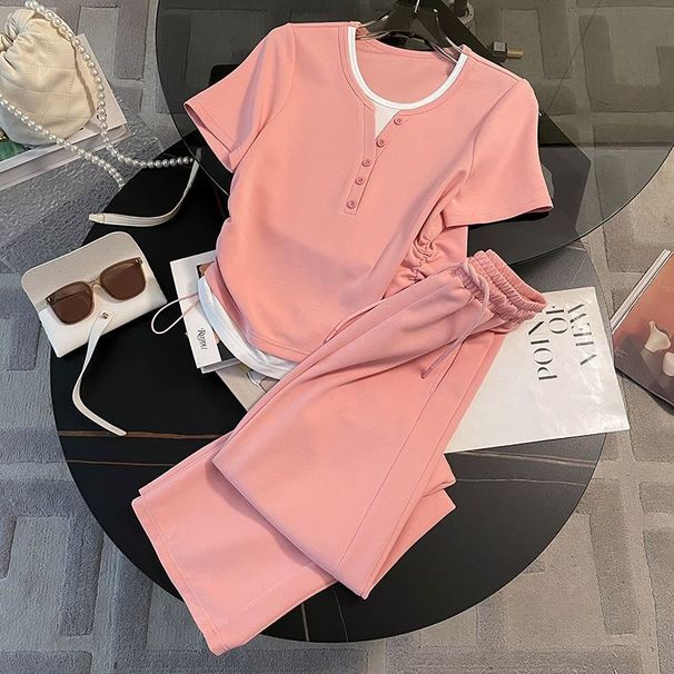 Women's Casual Sportswear Set V Neck Short Sleeve Wide Leg Pants Fashion 2-Piece Summer Outfit Polyester Regular Fit_ecoleips.com