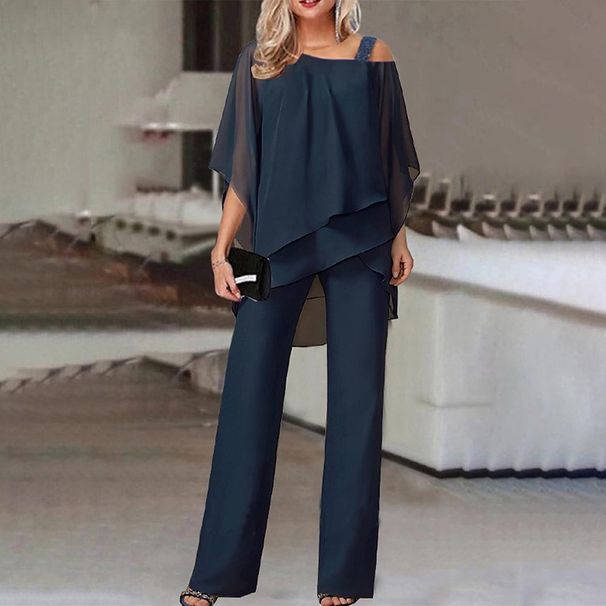 Women's Batwing Sleeve Off-Shoulder Top with Irregular Hem And Matching Pants Elegant Two-Piece Party Set for Spring/Summer/Autumn_ecoleips.com