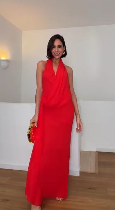 Elegant Temperament Women New Fashion Red Dress Cowl Neck Backless Ribbon Decorated Party Dress For Women Casual Evening_ecoleips.com